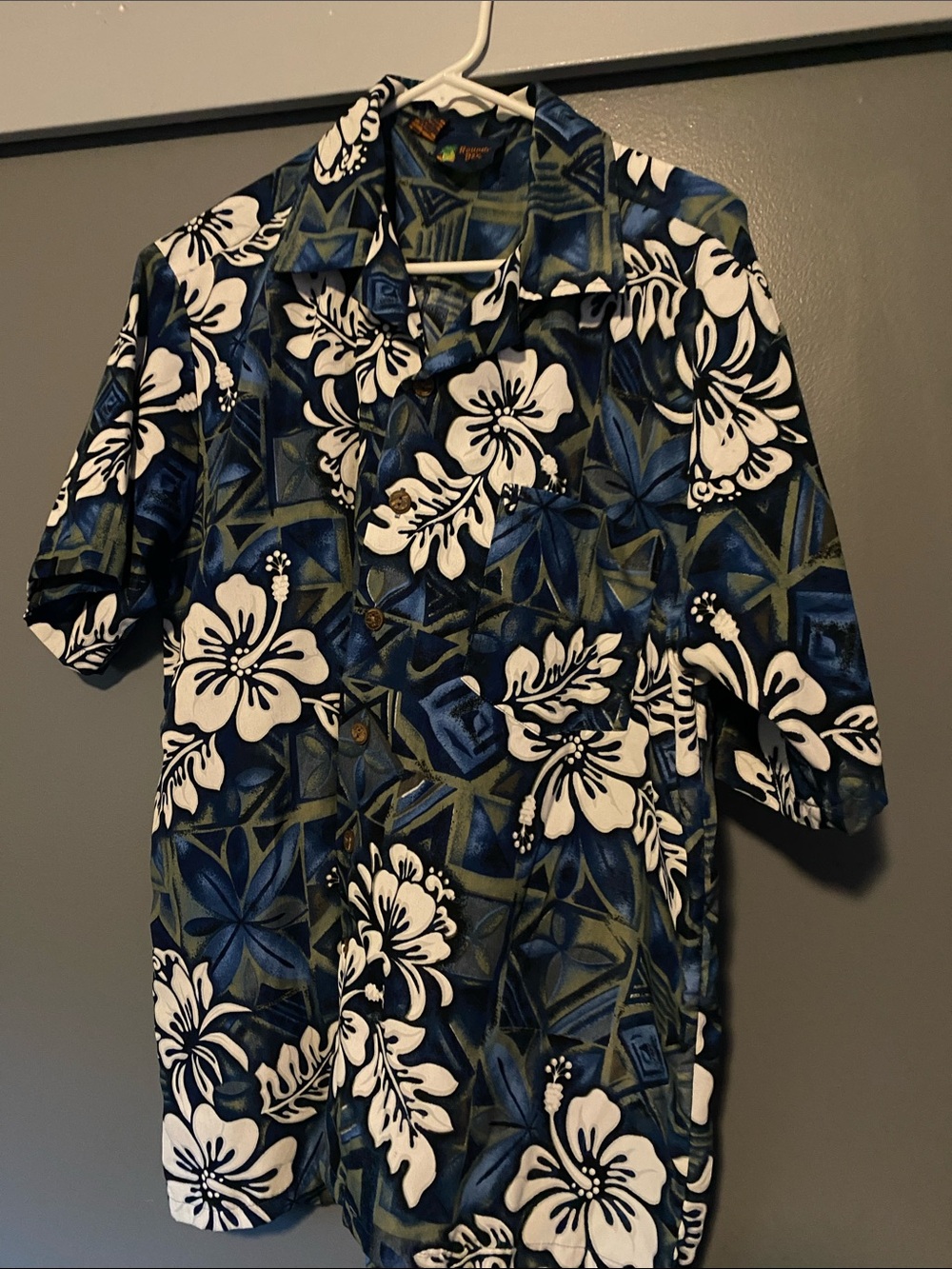 Roundly Bay-Men's Blue Floral Casual Button-Down Shirt-Large